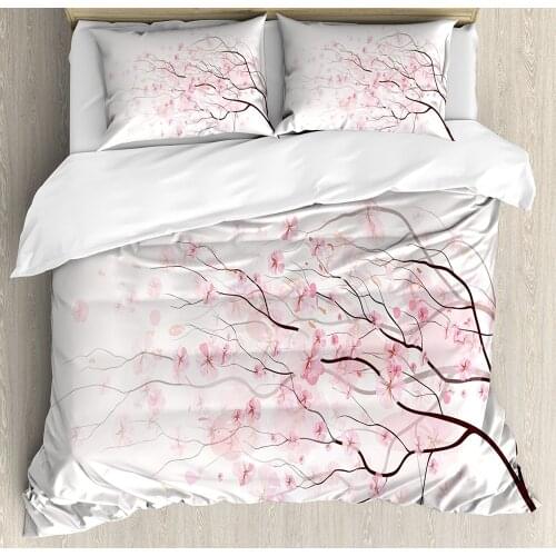Light Pink Duvet Cover Set Artistic Sakura Branch with Cherry Flowers Tender Japanese Spring Decorative 4 Piece Bedding Set
