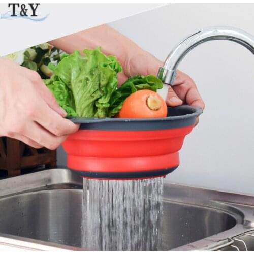 T&Y Set of 2, Food Grade Silicone Foldable Washing Basin Basket, Collapsible Colander Kitchen Strainer Space-Saving Filter