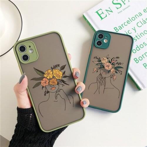 Line Art Sketch Flower Girl Protection Phone Case For iPhone 12 11 Pro MAX Mini 6s 7 8 Plus X XS XR SE 2 Hard Translucent Cover