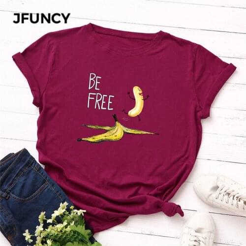 JFUNCY Plus Size S-5XL New Banana Print T Shirt Women 100%Cotton O Neck Short Sleeve Summer Tops Women TShirt Funny T Shirts