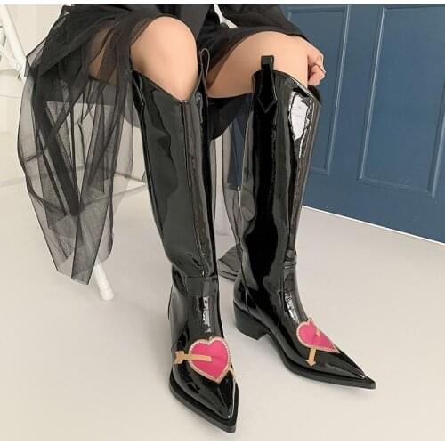 Black Cambat Boots for Women Knee High Genuine Leather Thick Heels Shoes Woman Party Casual Tight High Boots