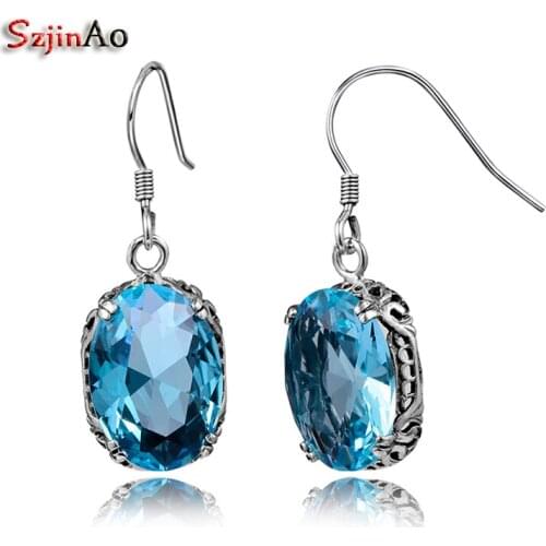 Szjinao 925 Sterling Silver Retro Bohemian Earrings Aquamarine Stones For Women Dress Fashion Simple Jewelry boucle d'oreille