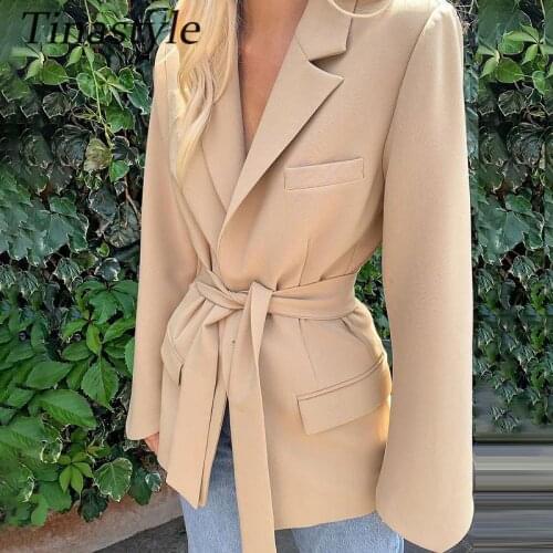 Tinastyle 2021 Deep V Neck Sexy Blazer Women Coat Solid Long Sleeve Lace Up Elegant Suit Jacket Black Office Ladies Blazer Belt