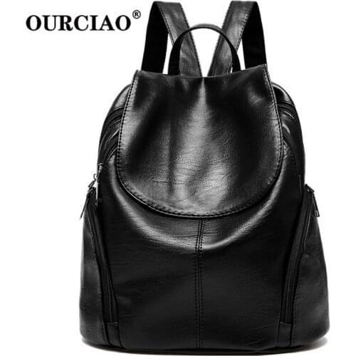 OURCIAO 2019 Brand PU Leather Backpack Women Backpacks For Teenage Girls School Bags Black Vintage Backpack D223