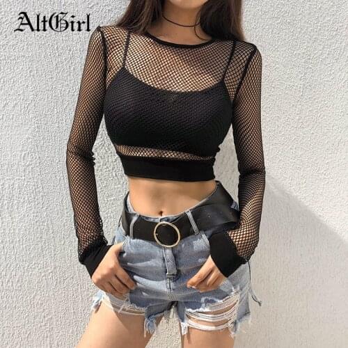 AltGirl Sexy Mall Goth Mesh T-shirt Women Harajuku Streetwear Punk See Through Long Sleeve Crop Top Summer Dark Gothic Clothes