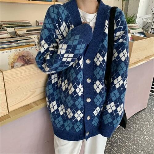 Women Warm Single-Breasted Cardigan Classic Loose Button-Down Knit Sweater Long Sleeve Argyle Plaid Print Coat For Autumn Winter