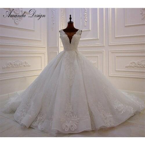 Amanda Design High-end Customized Low Cut Deep V Sexy Luxury Backless Wedding Dress