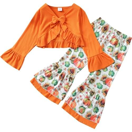 2Pcs Kids Halloween Outfits, Solid Color Flared-Sleeves Crop Tops+ Pumpkin Print Bell-Bottoms for Girls, 18 Months to 6 Years
