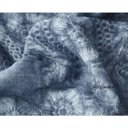 2019 blue pure ramie thin cotton embroidered robe fabric High-end linen fabric