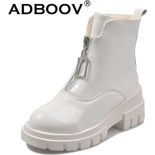 ADBOOV Rhinestone Front Zip Ankle Boots For Women Fur Winter Shoes Woman Patent Leather Martens Platform Boots Botines Mujer