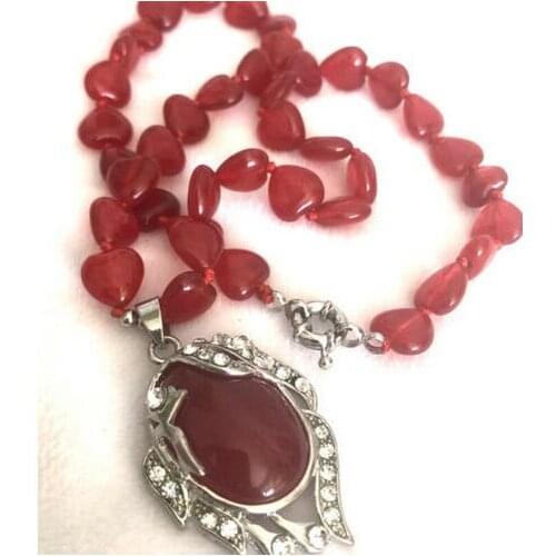 Natural 10x10mm Red Ruby Heart Gem stone Beads Oval Pendant Necklace 18