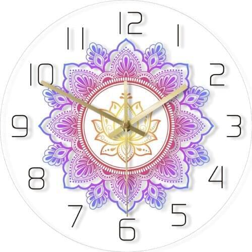 Mandala with Lotus Flower Modern Wall Clock OM Studio Sign Living Room Bedroom Bohemian Wall Decor Psychedelic Wall Clock Watch