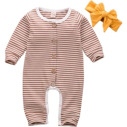 Baby Romper Newborn Baby Girl Boy Unisex Striped Romper +Headband 2pcs Jumpsuit Clothes Outfits Size 0-24M