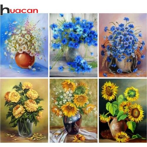 Huacan Diamond Painting Daisy Diamond Art Embroidery Sunflower Wall Decor Mosaic Floral Vase Crystal Hobby