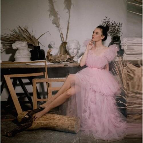 Cute Fashion Pink One-shoulder Spaghetti Strap Evening Dresses Tulle Ruffles Ball Gown Backless Dress Custom Made Plus Size