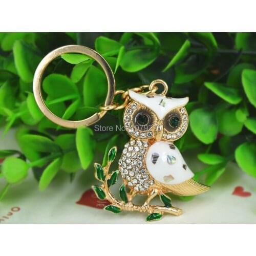 T White Owl Fashion Beauty Keyring Rhinestone Crystal Charm Pendant Car Key Bag Chain Gift