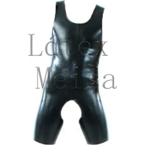 Males vest latex catsuit Zentai skin tight bodysuit open crotch and NO zip in black color