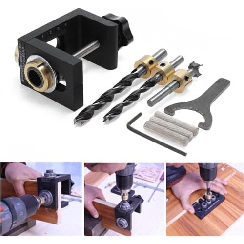Woodworking Drill Guide Set Locator Woodworking Pocket Hole Locate Punch Jig Kit + Step Drilling Bit Wood Puncher Tools Set