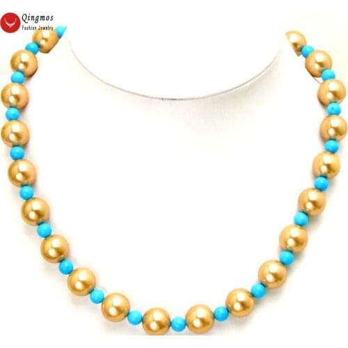 Qingmos Trendy 12mm Round Champagne Sea Shell Pearl Necklace for Women with 4mm Blue TURQUOISES Necklace Jewelry 17" Chokers