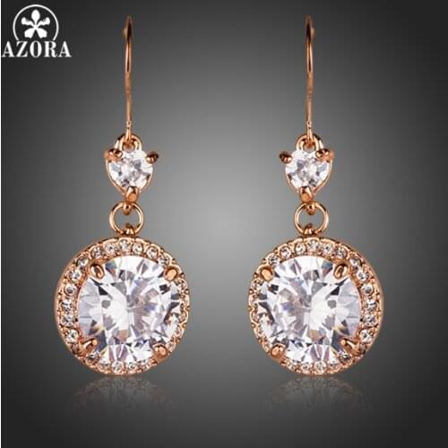 AZORA Rose Gold Color Heart Shaped CZ Connect Round Cubic Zirconia Drop Earrings TE0145
