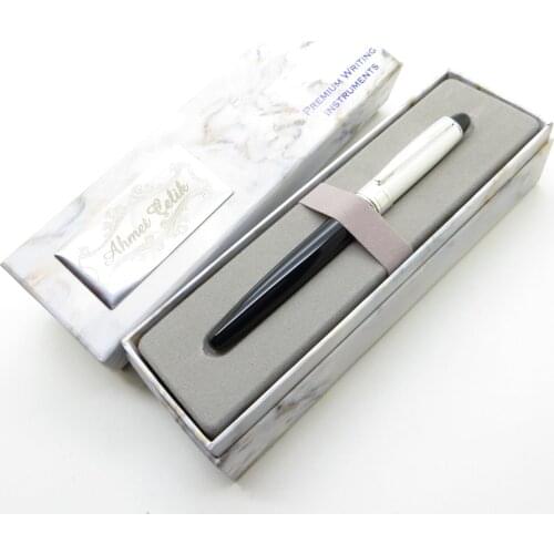 Wings Marble R107 Bright Chrome Embroidered Cover Black Lacquer Body Roller Pen | İsme Special Pen | Gift Pen