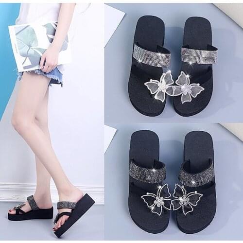 Women Summer Ring Toe Slippers Butterfly Crystal Flower Platform Thick Sole Light Slides Fashion Outdoor Sandals Shoes Ladies