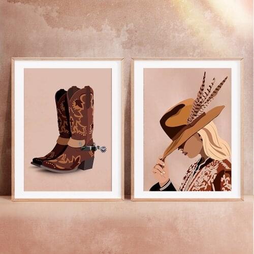 Vintage Boho Hat Cowgirls Boots Wall Art Canvas Painting Nordic Posters and Prints Wall Pictures for Living Home Decoration