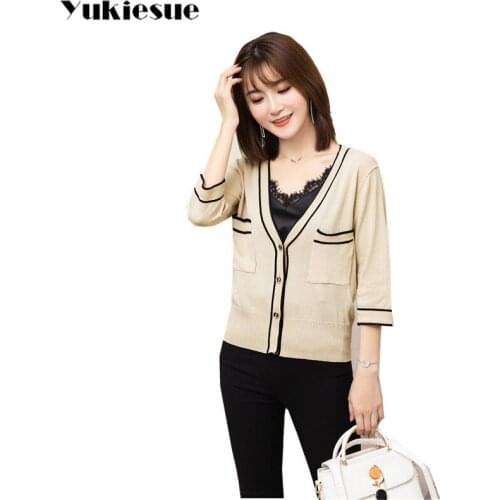 Knit cardigan women top 2018 spring summer V neck solid sweater thin coat women casual cardigans 3/4 sleeve jacket coat
