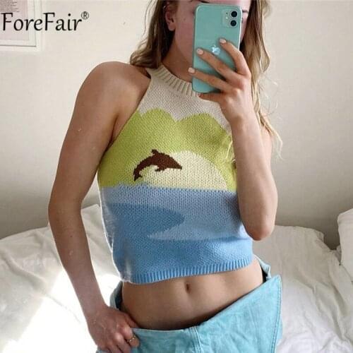 Forefair 2021 Summer Women Knit Tank Top O Neck Off Shoulder Print Patchwork Sleeveless Green Basic Sexy Y2k Crop Top Fashion