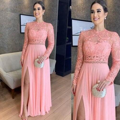 Sexy Custom Made Pink Long Sleeves Sheer Lace Top High Slit Women Prom Dress Evening Dresses Gowns