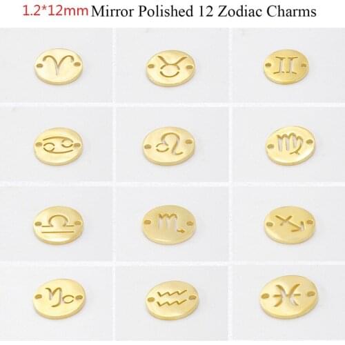 100% Stainless Steel 2 Hole Zodiac Charm Connector 12mm Metal Round Constellations Charm Mirror Polished 12pcs