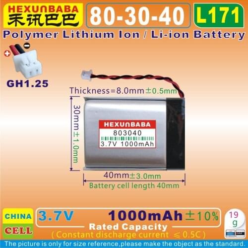 2pcs [L171] 3.7V 1000mAh [803040] Polymer lithium ion / Li-ion battery for MP3,MP4,cell phone,POWER BANK