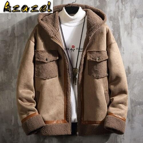 2020 New Arrivals Hooded Mens Lamb Fur Coat Winter Mans Faux Fur Jacket Coats Khaki Clothing 5XL European Style Overcoats B777