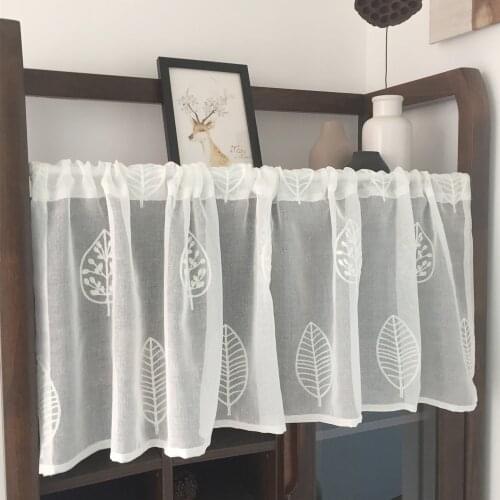 White Half Curtain Leaf Towel Embroidery Coffee Lace Yarn Pure Short Curtain for Bar Kitchen Cabinet Door Childrens Room
