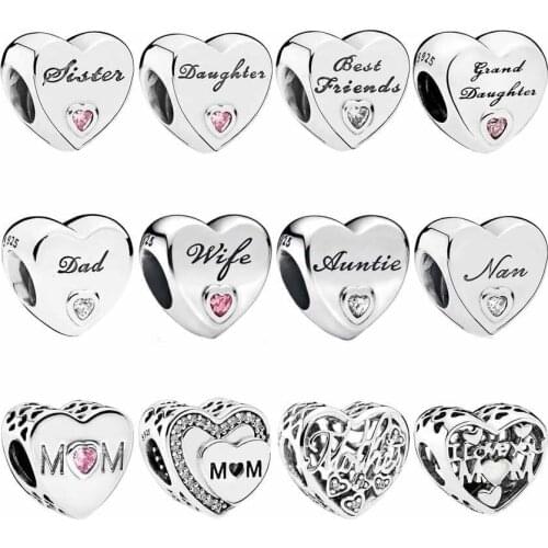 Mother Sister Grandmother Nan Auntie Wife Dad Daughter Heart Charm 925 Sterling Silver Beads Fit Bracelet pan DIY Jewelry