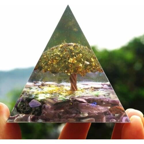 Tree of Life Orgone Pyramid Amethyst Peridot Healing Crystal Energy Orgonite Pyramide EMF Protection Meditation Tool