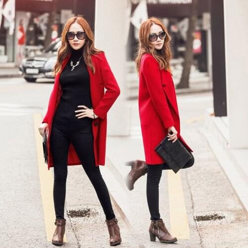 Elegant long-sleeved red black womens winter wool coat 2019 new