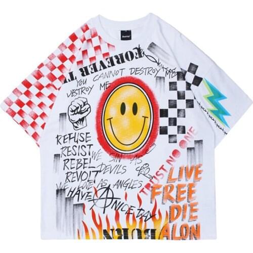 Streetwear Hip Hop T-shirt Mens Smiling Face Print T-shirt Harajuku Cotton 2021 Spring Casual Fashion Tops Tees White