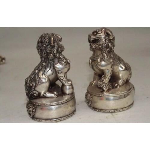 Exquisite Chinese Old silver copper hand-made lucky lion Home decoration