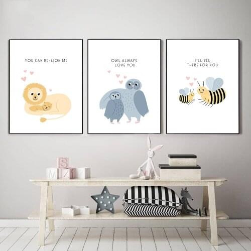 Animal Lovers Canvas Poster Print Cute Bee Lion Whale Bird Painting Wall Art Nordic Picture Livingroom Kids Bedroom Home Decor