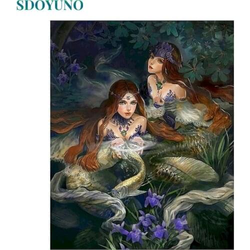 SDOYUNO 60x75cm Oil Pictures By Numbers DIY Mermaid Painting By Numbers On Canvas Frameless Animals Home Decoration Painting