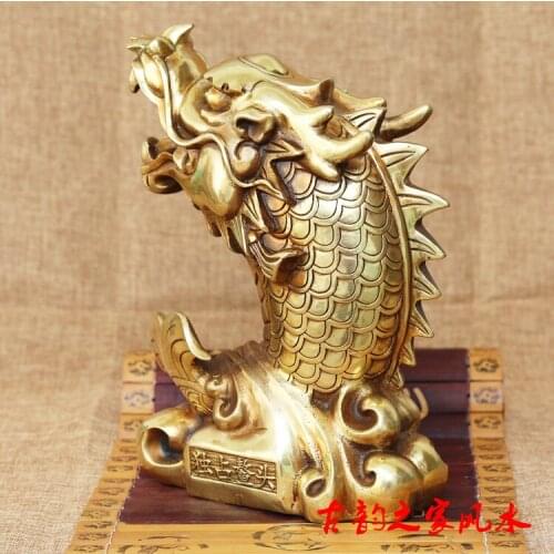 25 CM BRING IN WEALTH HOME OFFICE BUSINESS MONEY DRAWING TALISMAN # " DU ZHAN AO TOU " DRAGON FISH FENG SHUI BRASS STATUE