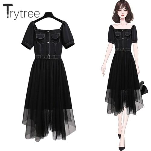 Trytree 2021 Summer Womens Dress Casual Square Collar Pockets Belt Patchwork Mesh A-line Office Lady Mid-Calf Black Shirt Dress
