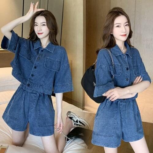 Summer 2021 New Style Street Blasting, Retro, Hong Kong Style, Age Reducing, Skinny Denim Shorts, Two Piece Suit for Women