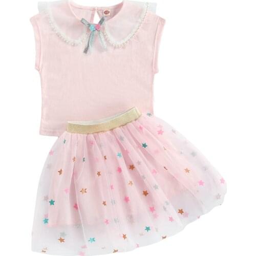 Summer Sweet Toddler Baby Girls Star Printing Two-pieces Set Collar Sleeveless T-shirt +Elastic Short Skirt Set Clothes