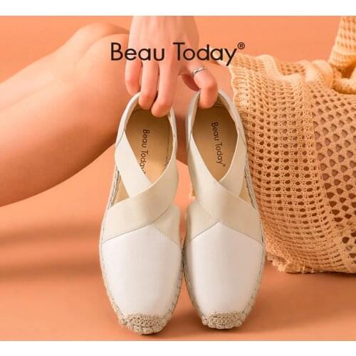 BeauToday Fisherman shoes Women Loafers Calfskin Genuine Leather Cross-Tied Slip-On Rope Sole Summer Ladies Flats Handmade 30065