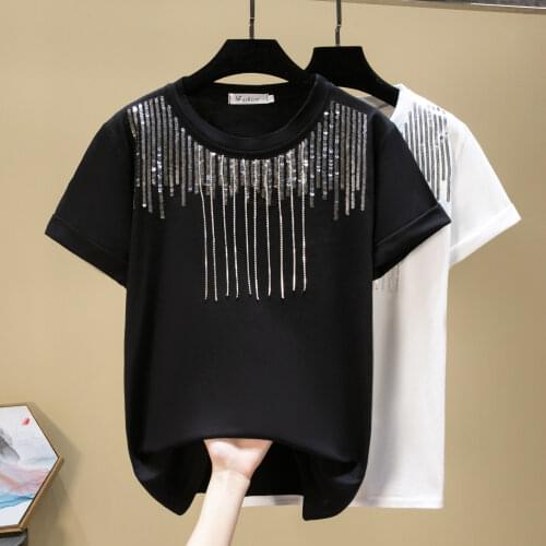 Fashion Sequined tassel Shirts Women Patchwork T-shirts Glitter Pullovers Loose White Tops 2021 Shining Casual Tees clothing 2XL