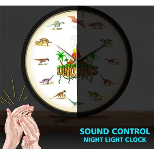 Dino Skeletons Colorful Printed Acrylic Watch Glow in Dark Volcanic Eruption With Dinosaurs Fossils Sound Control Wall Clock
