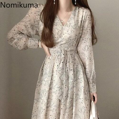 Nomikuma New Arrival V Neck Floral Printed Dress Slim Waist Long Sleeve Vintage Elegant Dresses Korean Fashion Vestidos 3c364