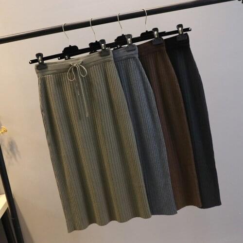 Autumn Winter Knitted Skirt Mid-length A-line Slim Skirt High Waist Lace-Up Skirt 2020 New Vintage Temperament Skirts for Women